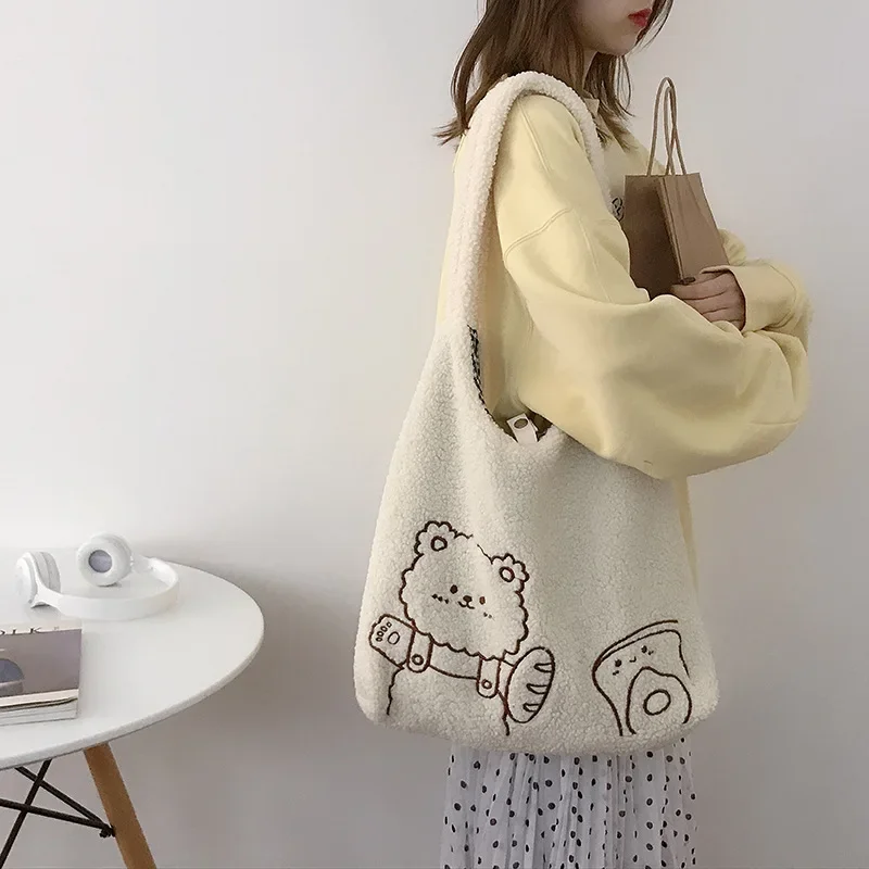 

Lamb Like Women Canvas Shoulder Bag Warm Plush Cloth Fabric Cute Bear Handbag Soft Tote Large Capacity Shopping Bags For Ladies