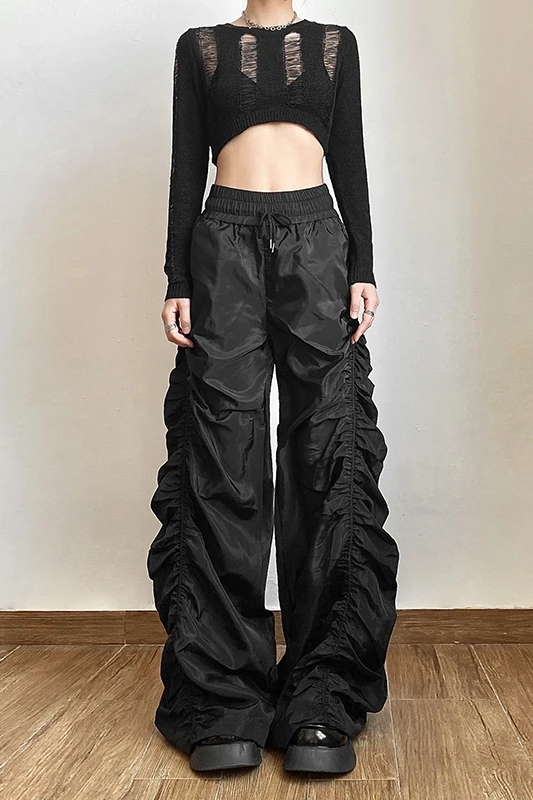 European Hot Girls Loose Mopping High-waisted Pants Women\'s Design Folds Pleated Wide-leg Long Pants Punk Capris Black Versatile