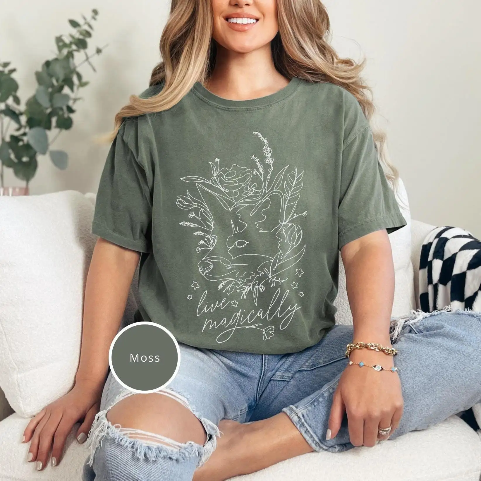 Live Magically Animal and Flower T Shirt for Her Comfort Colors Line Art Mental Health Botanical Lover