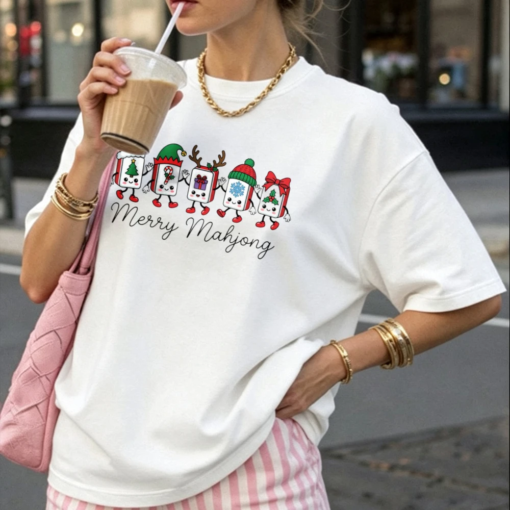 Merry Mahjong T-shirt Cute Mahjong Tile Cartoon Christmas Santa Reindeer Elf Hat Graphic Print Tee Xmas Holiday Casual Gift Tops