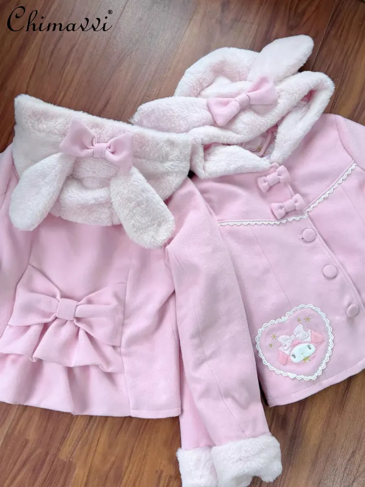 

Autumn Winter Japanese Style Pink Plush Cute Coat Soft Girl Bowknot Bunny Ear Hooded Short Thickened Woolen Coat for Women