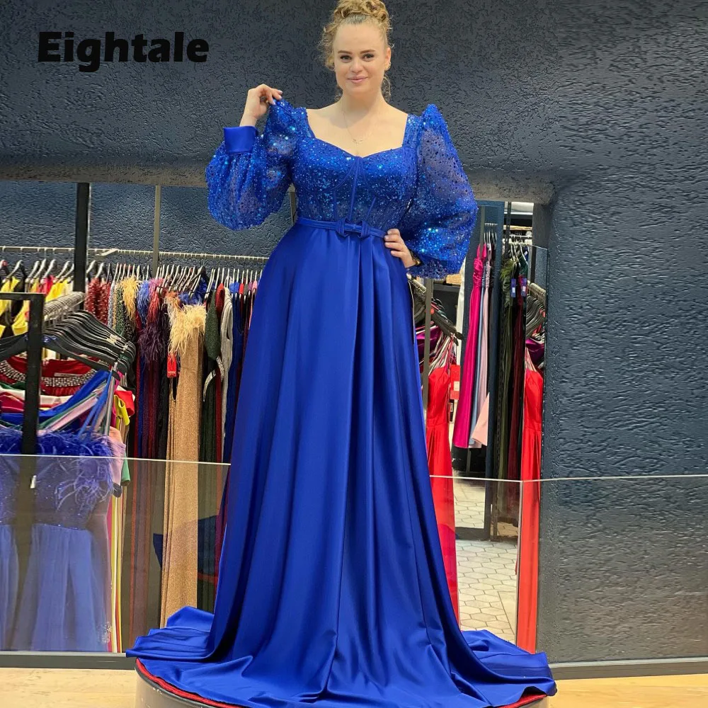 

Eightale Royal Blue Evening Dresses Sparkly Long Puffy Sleeves Belt Satin Plus Size Prom Party Gowns A-Line Robe De Soirée