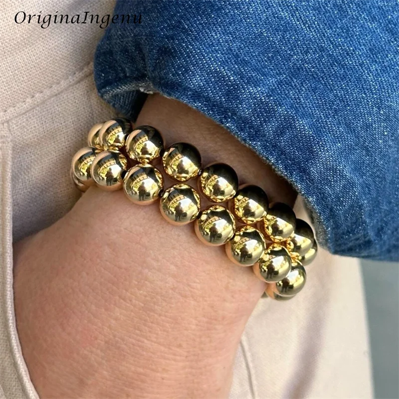 10mm Chunky Gold Filled Beaded Bracelet Elastic Gold Bracelet Handmade Bracelet Waterproof Tarnish Resistant Jewelry