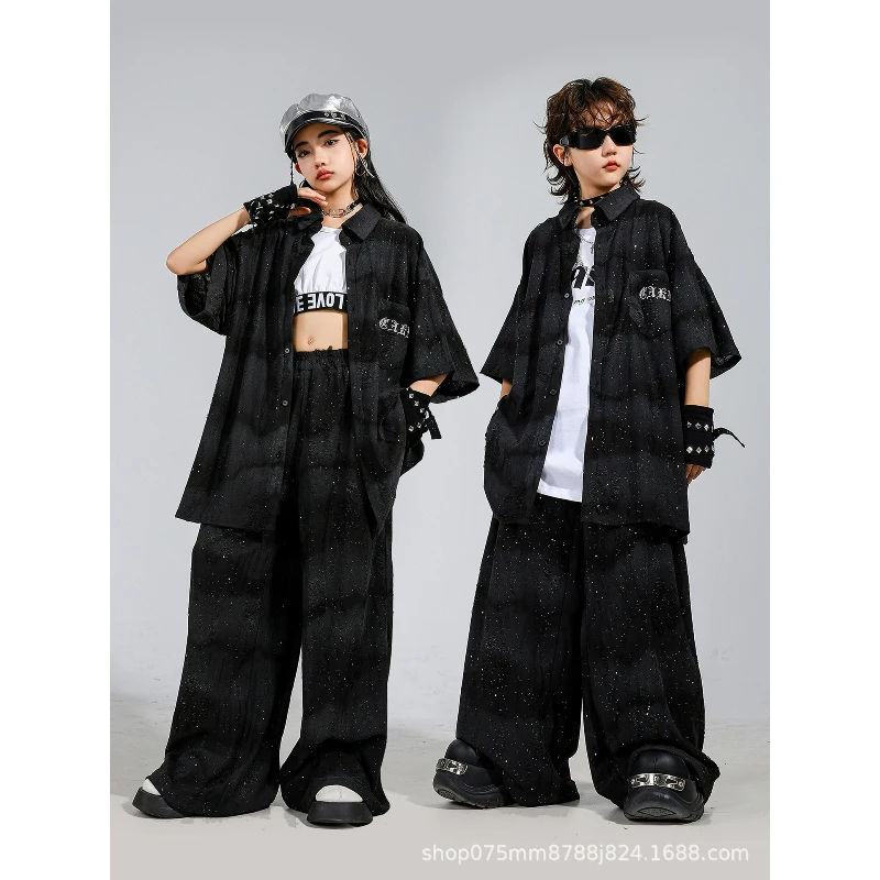 Street Dance Children's Black Dance Trendy Dress Boys' Street Explosion Hip Hop Set Girls' Jazz Dance Fashion Show Dress Cool