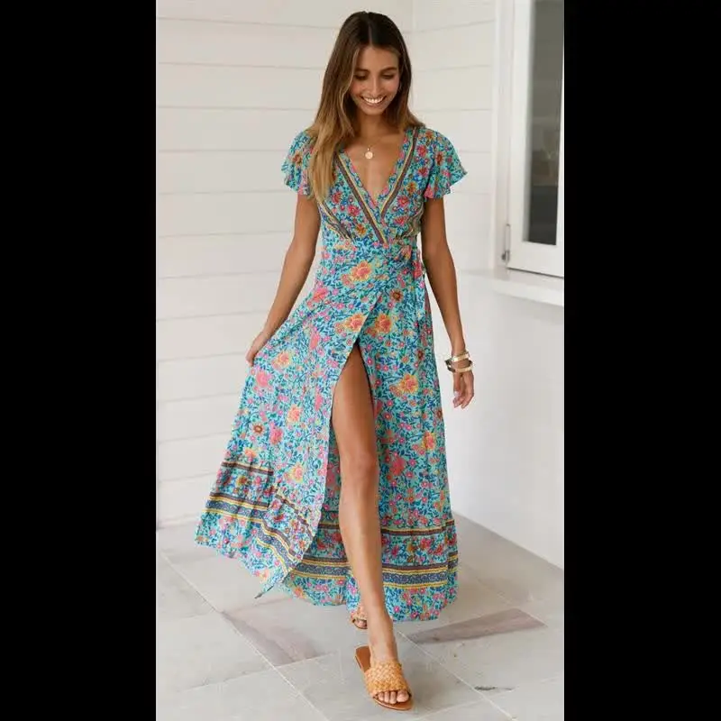 Women's Boho Floral Chiffon Midi Dress – Elegant V-Neck Belted Summer Wedding Guest & Cocktail Outfit