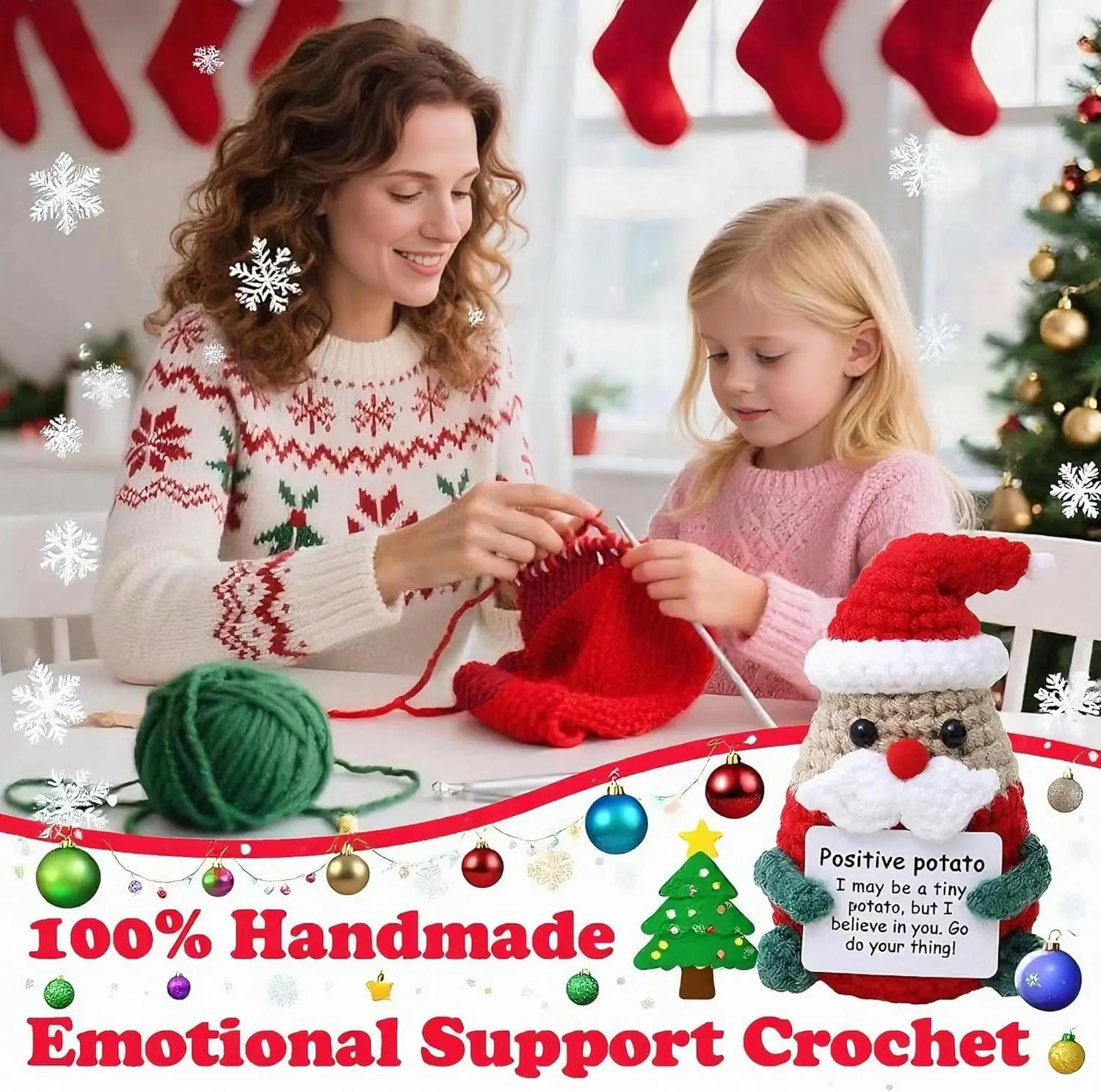 دمية كروشيه إيجابية لطيفة لعيد الميلاد مع بطاقة شجرة عيد الميلاد، سانتا المبهجة، غزال إيجابي ورجل ثلج، هدية عيد الميلاد المضحكة