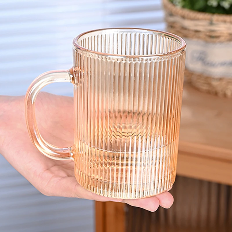 Striped Glass Water Cup with Handle for Home Living Room Drinking Cup Beer Cup Vertical Pattern Handle Cup Ash Glass Cup