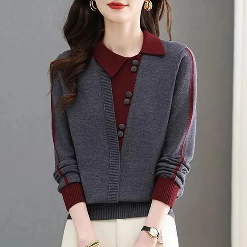 

Pulls Femmes Elegant Ladies Pullover Tops Knitting Woolen Sweater Spring Autumn Lapel Long Sleeve Shirt Knitwear Clothes Women
