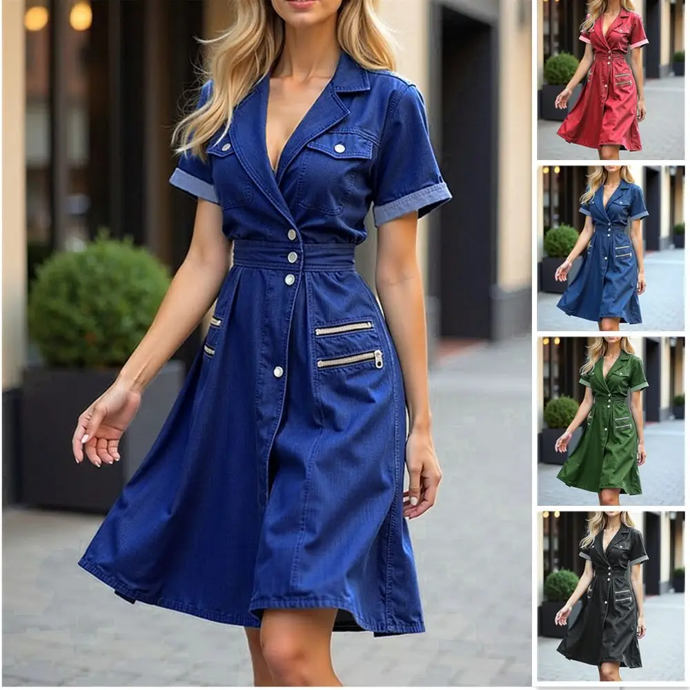 

Streetwear Denim Dress Summer Clothing Women Turn Down Collar Short Sleeve Jean Dresses Vintage Cowboy Denim Long Dress Vestidos