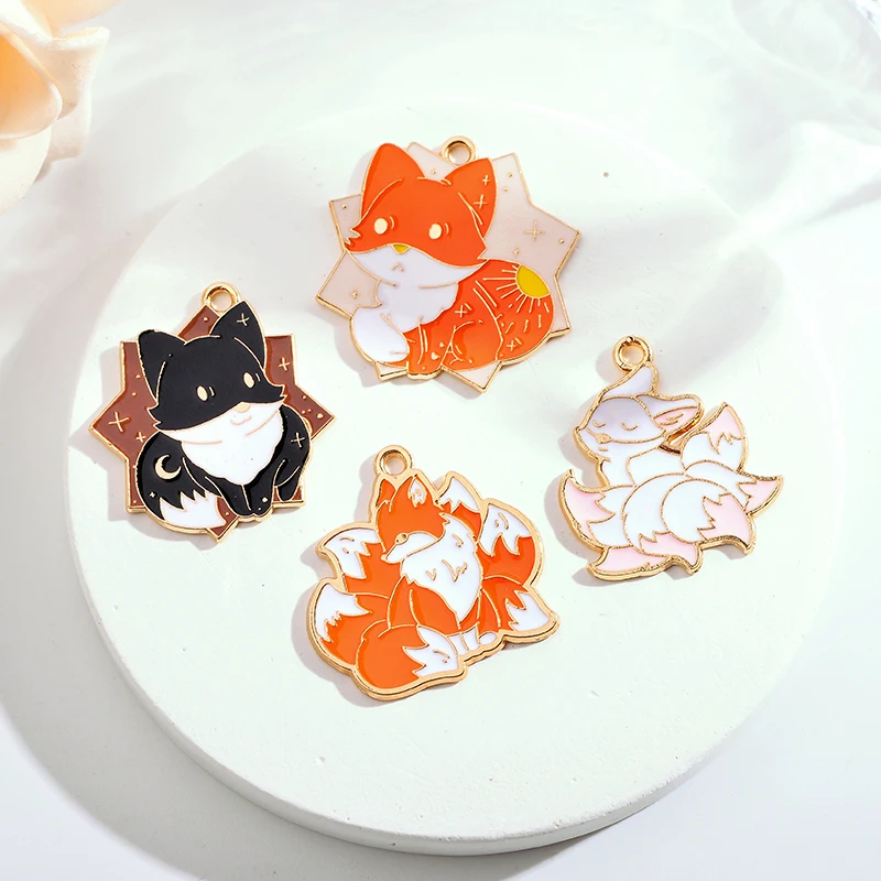 6Pcs 4 Styles Cute Fox Enamel Color Alloy Pendant Charm for Jewelry Making Women's Keychain Necklace Handmade Jewelry Ornaments