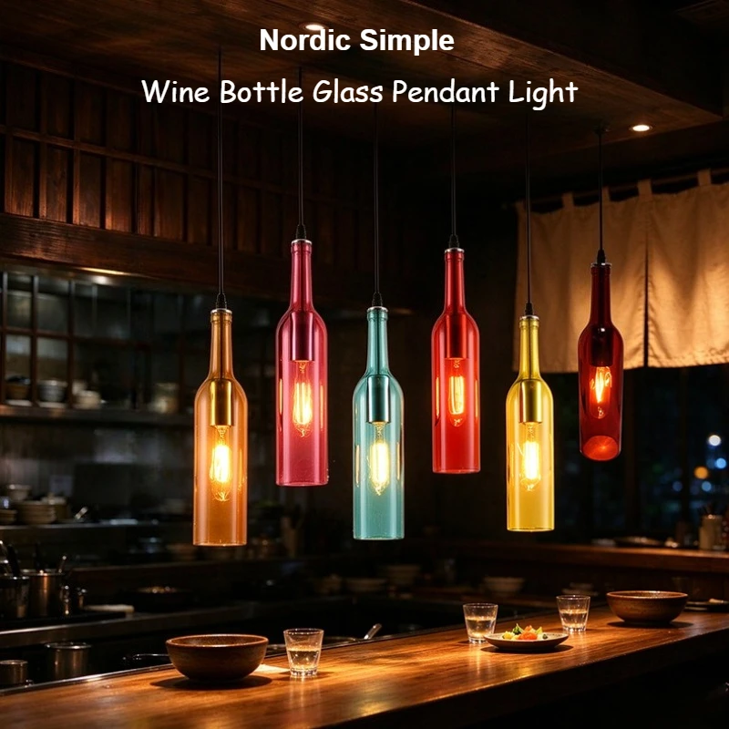Nordic Modern Creative Led Wine Bottle Glass Pendant Light Kitchen Dining Room Bar Restaurant Hanging Lamp Art Deco Pendant Lamp
