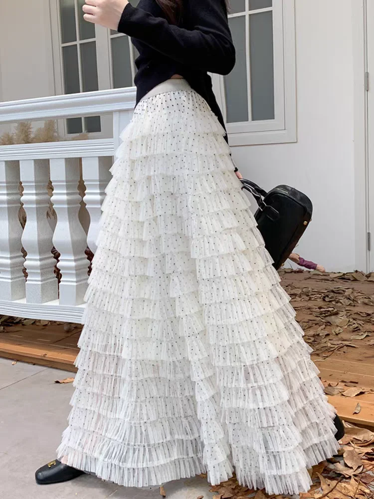 秋のティアードチュールポルカドットマキシスカートレディースハイウエスト流れるようなフレアスカート、伸縮性ウエスト、痩身Aラインシルエット