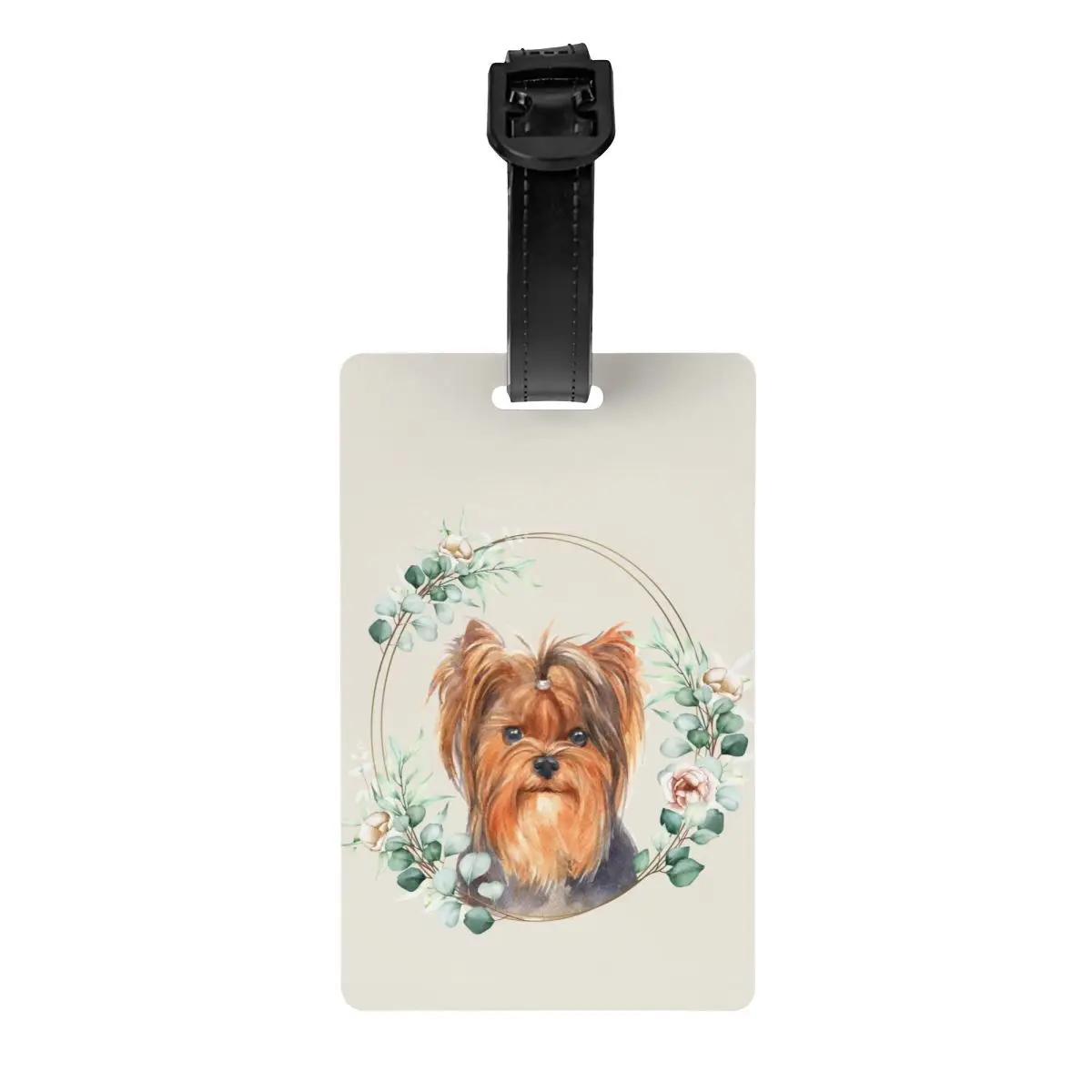 Étiquette de bagage perforée pour valises, Yorkshire Terrier Dog in Floral Gold Wreath, marques de bagages pour amoureux des animaux de compagnie, nom de couverture, carte d'identité