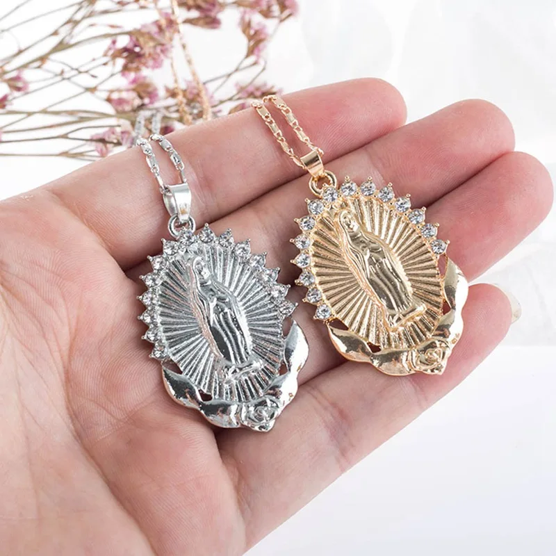 Holy Virgin Mary Pendant Necklace Religion Dainty Golden Christian Cubic Zircon Necklace Women Collier Femme Christian Jewelry