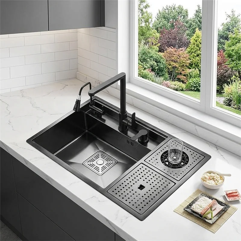 Multifunctional Kitchen Sink Single Bowl Cup Washer Hidden Dish Drainer Retractable Drying Rack Large Basin Handmade White Home