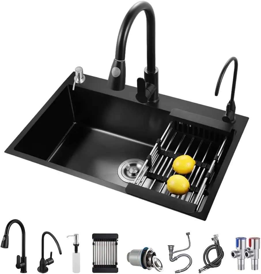 Black Nano Wash Basin Single Sink creative Stainless Steel Kitchen Sinks Drain Set Home Handmade Wash Basin Kitchen Accessories