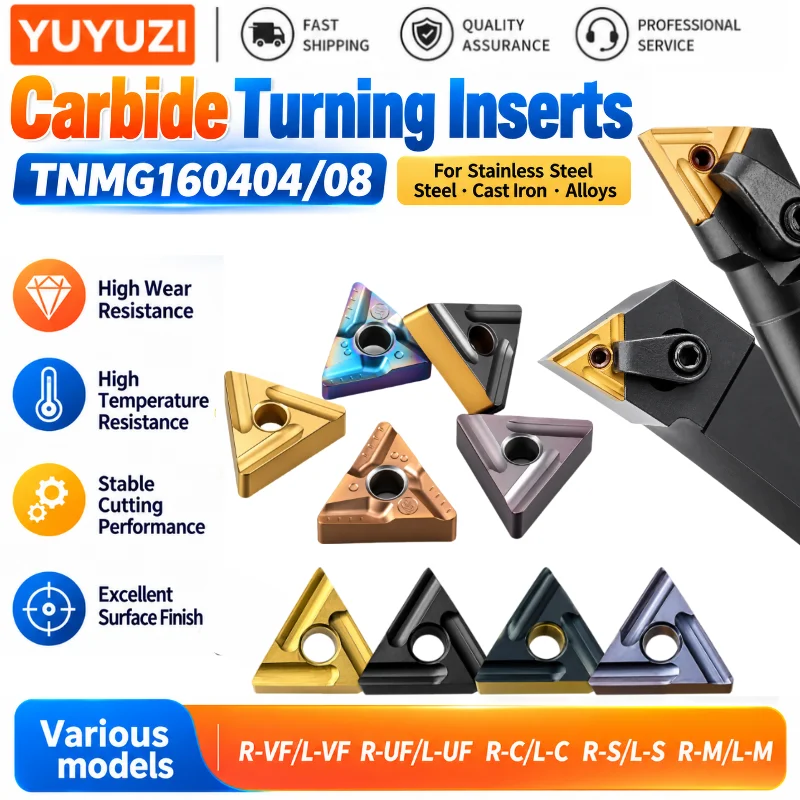 TNMG1604 Series Carbide Inserts VF UF R-S Chipbreaker R0.4/0.8 CNC Lathe External Turning Blades for Steel Finishing/Roughing