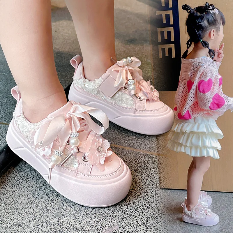 National Style Girls Casual Shoes 2024 Autumn Children Rhinestone Pearl Flower Academy Style Princess Sneakers Sweet Kids Flats