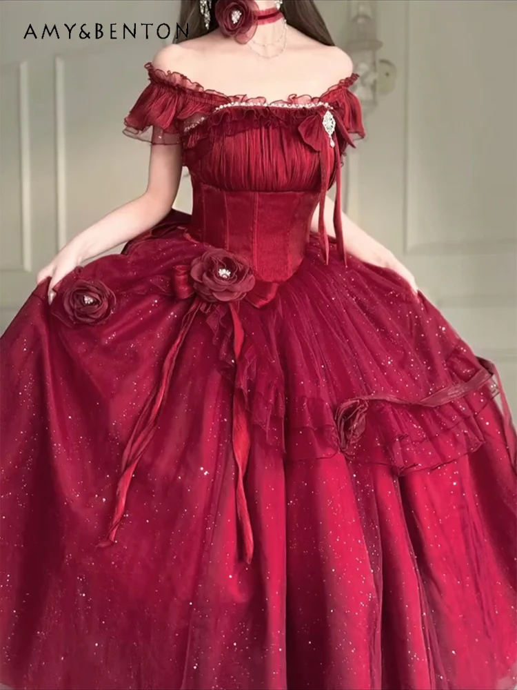 

Fairy Wind Elegant Princess Evening Dresses Sweet Heavy Industry Beaded Sequins Shoulder Tube Top High Waist Ball Gown Dress