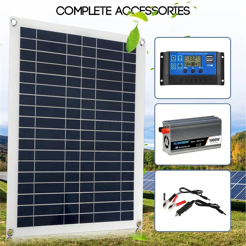 12V/24V Solar Panel System 18V 50W Solar Panel Battery Charge Controller 800W/1000W Solar Inverter Kit Complete Power Generation