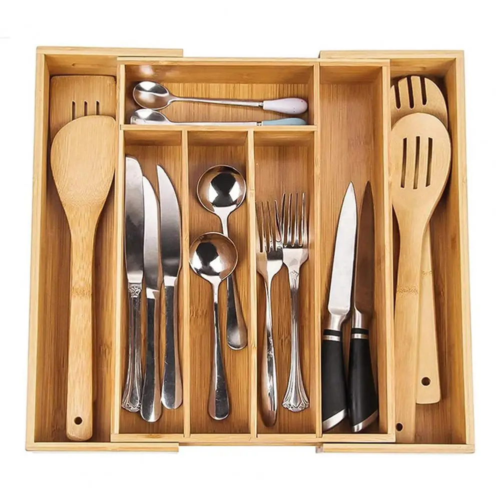 Bamboo Drawer Organizer Expandable 5-7 Compartments Adjustable Width Cutlery Tray Kitchen Utensils Jewelry Storage Tray