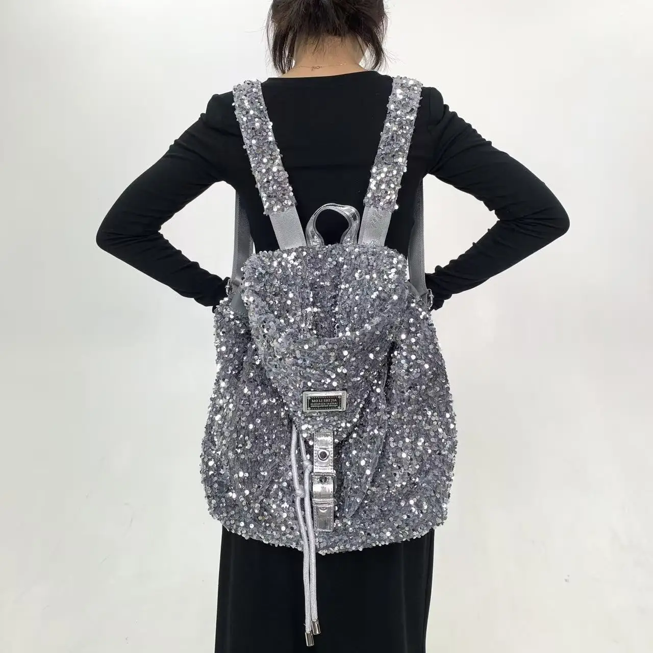 Dark Punk Trendy Girl Versatile Handmade Sequin Drawstring Large Capacity Backpack Fashionable Shoulder Bag for Women