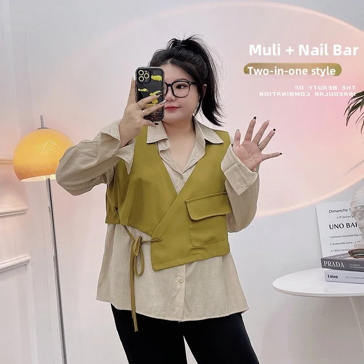 

plus Size Women's Suiting Vest irt Loose Two-Piece Set Spring Autumn Faion Meat Concealing Korean Sle Casual Wear