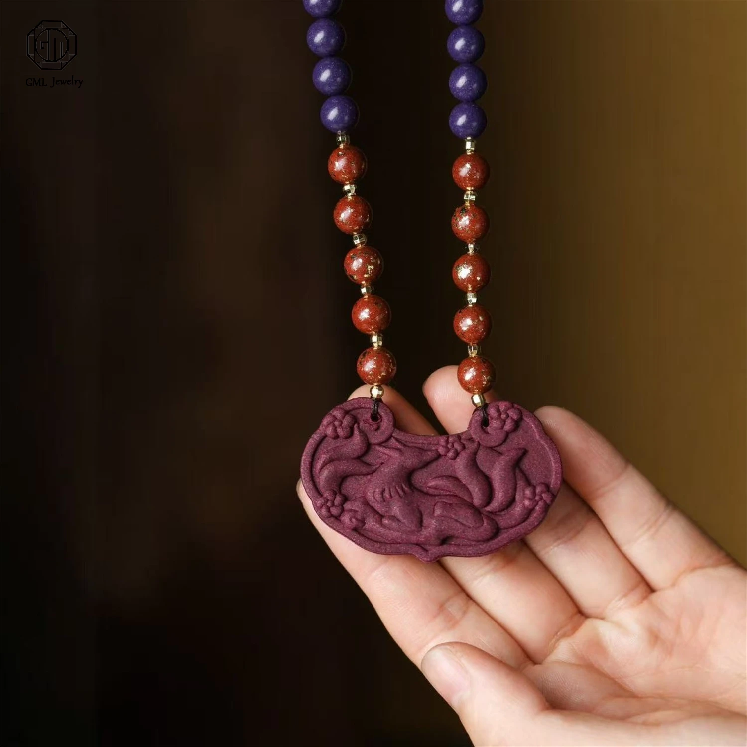 Compounded Incense Bead Nine Tailed Fox Pendant Long Chain Sweater Necklace Purple Crystal Unisex Chinese Style Jewelry Gift