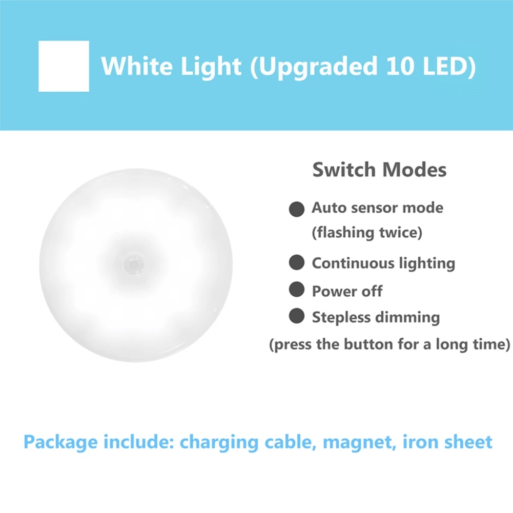 PIR Sensor de Movimento LED Night Light, USB Recarregável, Regulável, Lâmpada para Gabinete, Sem Fio, Armário, Branco