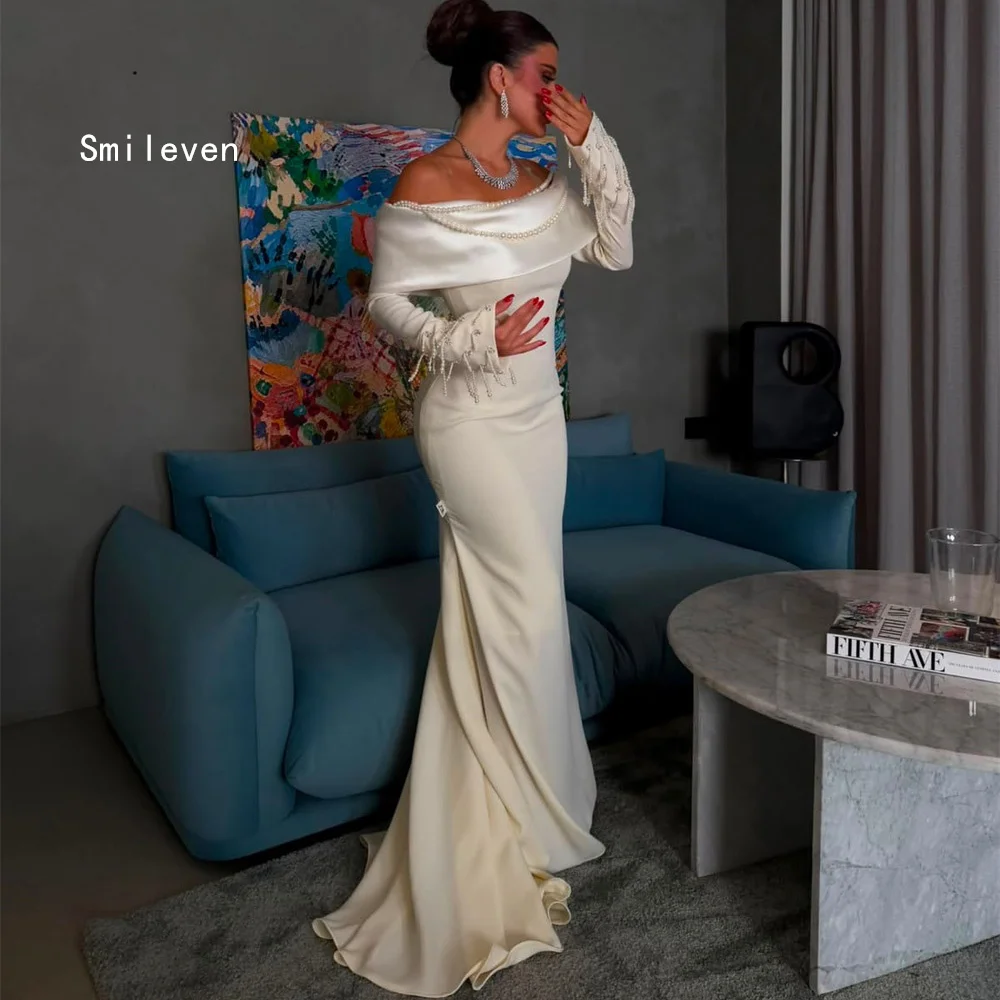 Smileven Ivory Satin Mermaid Wedding Dresses Off‑the‑Shoulder Long Sleeve Bridal Dress Pearl Beaded Fitted Gowns Customized