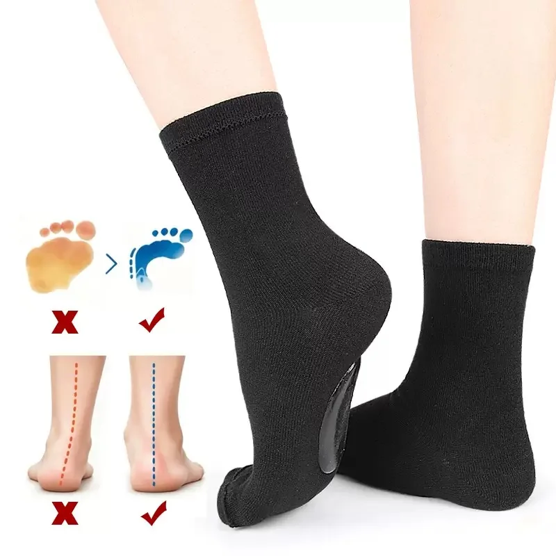 Mid-calf arch-support socks with gel pads; corrective socks for arch support and pronation/supination issues.