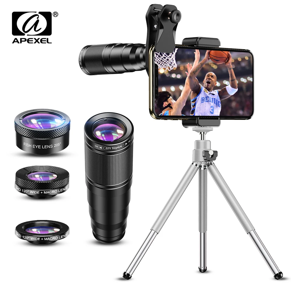 APEXEL Powerful Phone Lens Kit 22x Telescope Lens Cell Phone Telephoto Camera Lens Fisheye Wide Angle Macro Lenses for Camping