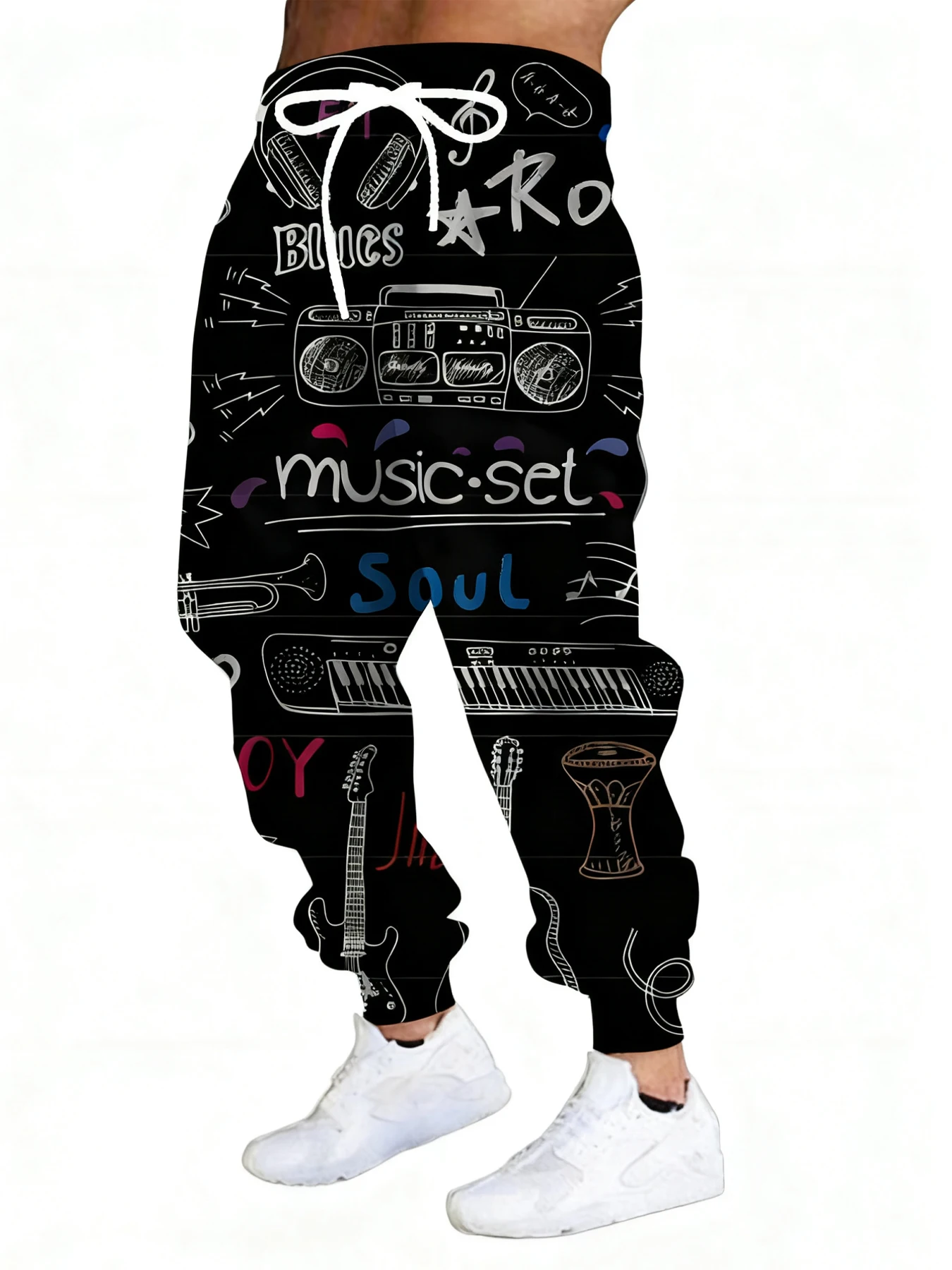 

New Men's 3D Music Print Casual Pants Outdoor Breathable Athletic Pants Stylish Drawstring Streetwear Trousers Mens Cuffed Pants