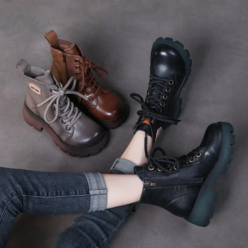 

Krasovki 5cm Ankle Boots Cow Genuine Leather Women Fashion Platform Wedge Spring Round Toe Motorcycle Autumn Winter Plush Shoes
