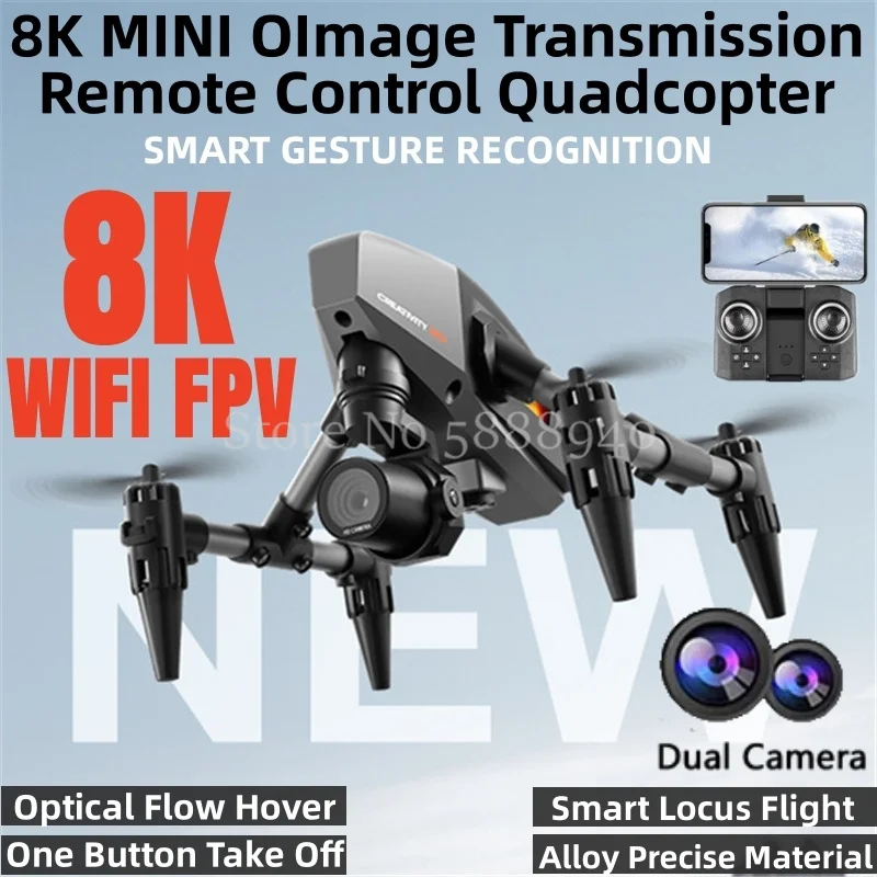 8K MINI Optical Flow Hover Remote Control Quadcopter WIFI FPV Dual Camera One Key Take Off Alloy Precise Material RC Drones Toy