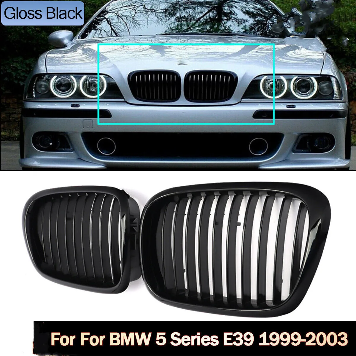 

Single Line Front Kidney Racing Grilles For BMW 5 Series E39 1999-2003 528i 525i 540i Glossy Black Front Bumper Grills