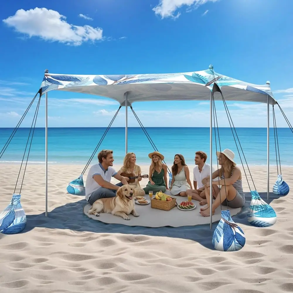 

Beach Tent Sun Shelter, 10 X 10 Ft Beach Canopy Tent Sun Shade, Upf50+ Tents Canopy With 8 Sandbags & 4 Stability Poles,