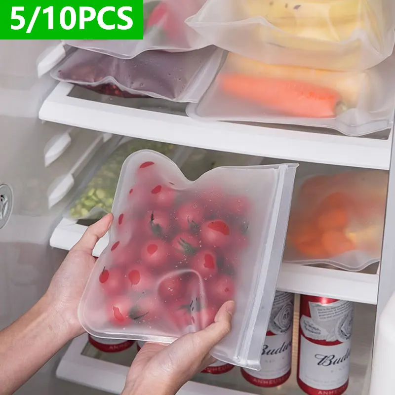 5/10tk Silikoon Toiduklassi Ladustamisnõud, Lekkevabad Nõud, Korduvkasutatavad Ziplock Sügavkülma värsked Kotid Toiduge Ahtad Kotid