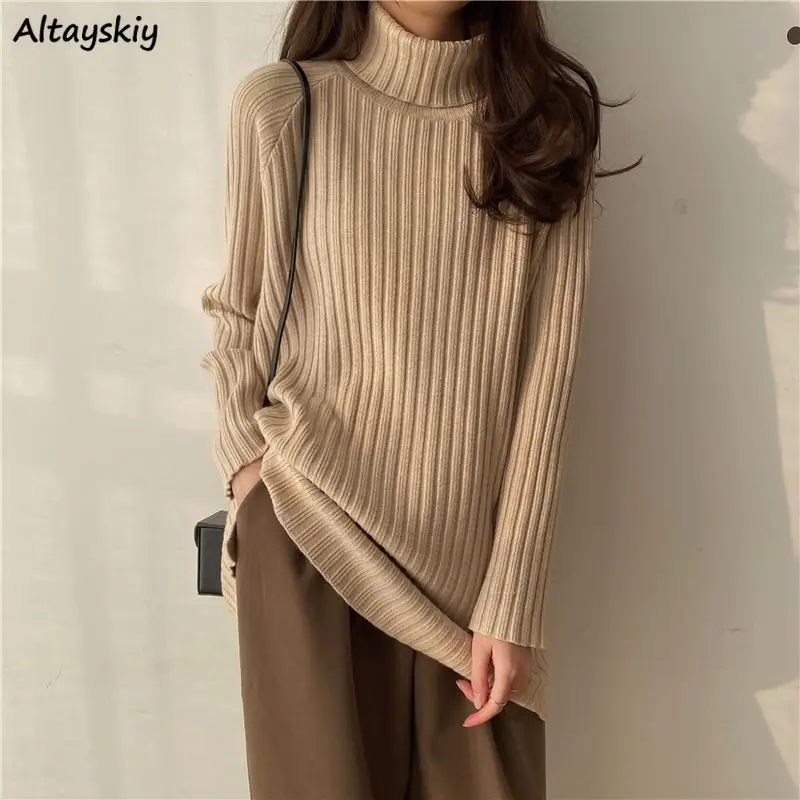 Pullovers Women Winter Thicker Turtleneck Solid Straight Knitted Sweaters Fashion Simple Outwear Retro Elegant All-match Warm