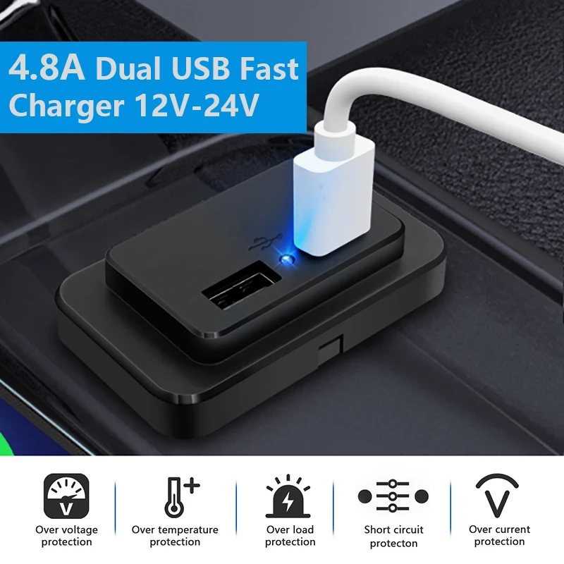 12V USB Outlet Port Panel Mount 4.8A USB Charger Socket Waterproof Fast Charge Car Charger Adapter for Bus Boat RV Truck Caravan