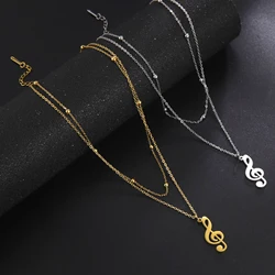 Openwork Music Symbols Pendant Necklace New Fashion Stainless Steel Double Layer Chain Necklace for Women Birthday Gifts