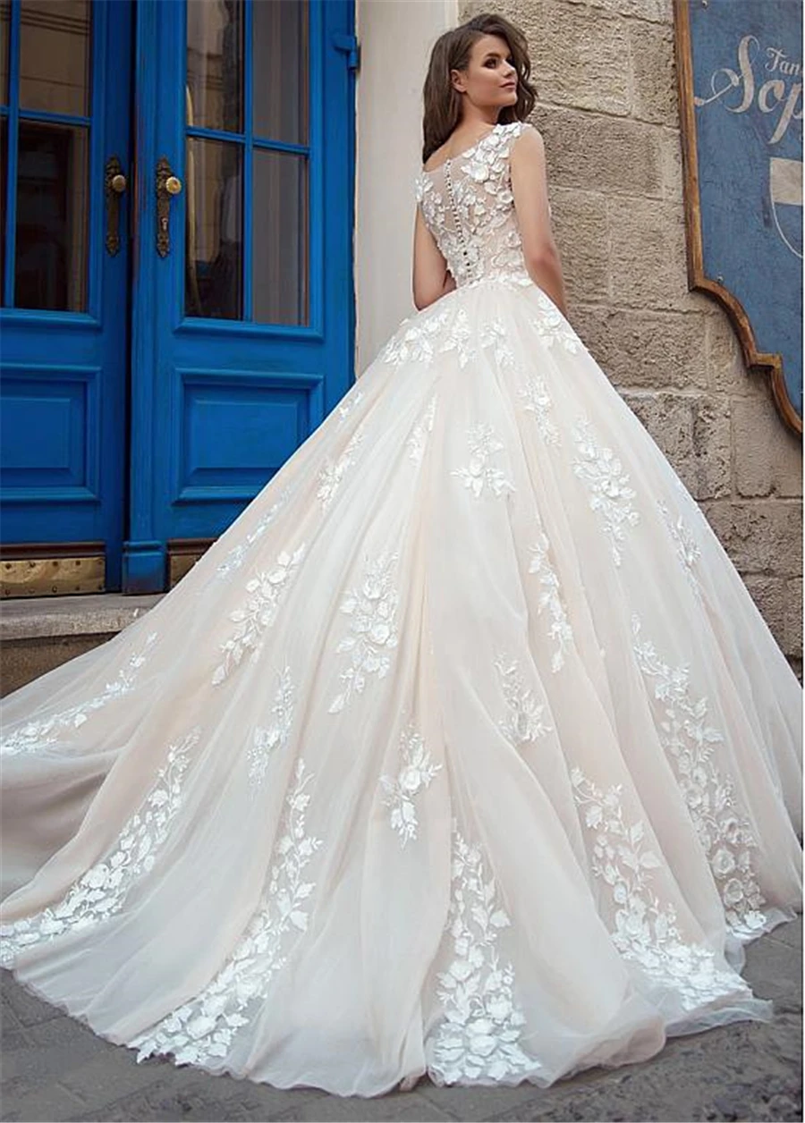 Vestidos de novia sin mangas con escote redondo, vestidos de novia de encaje con apliques de tul, 2021