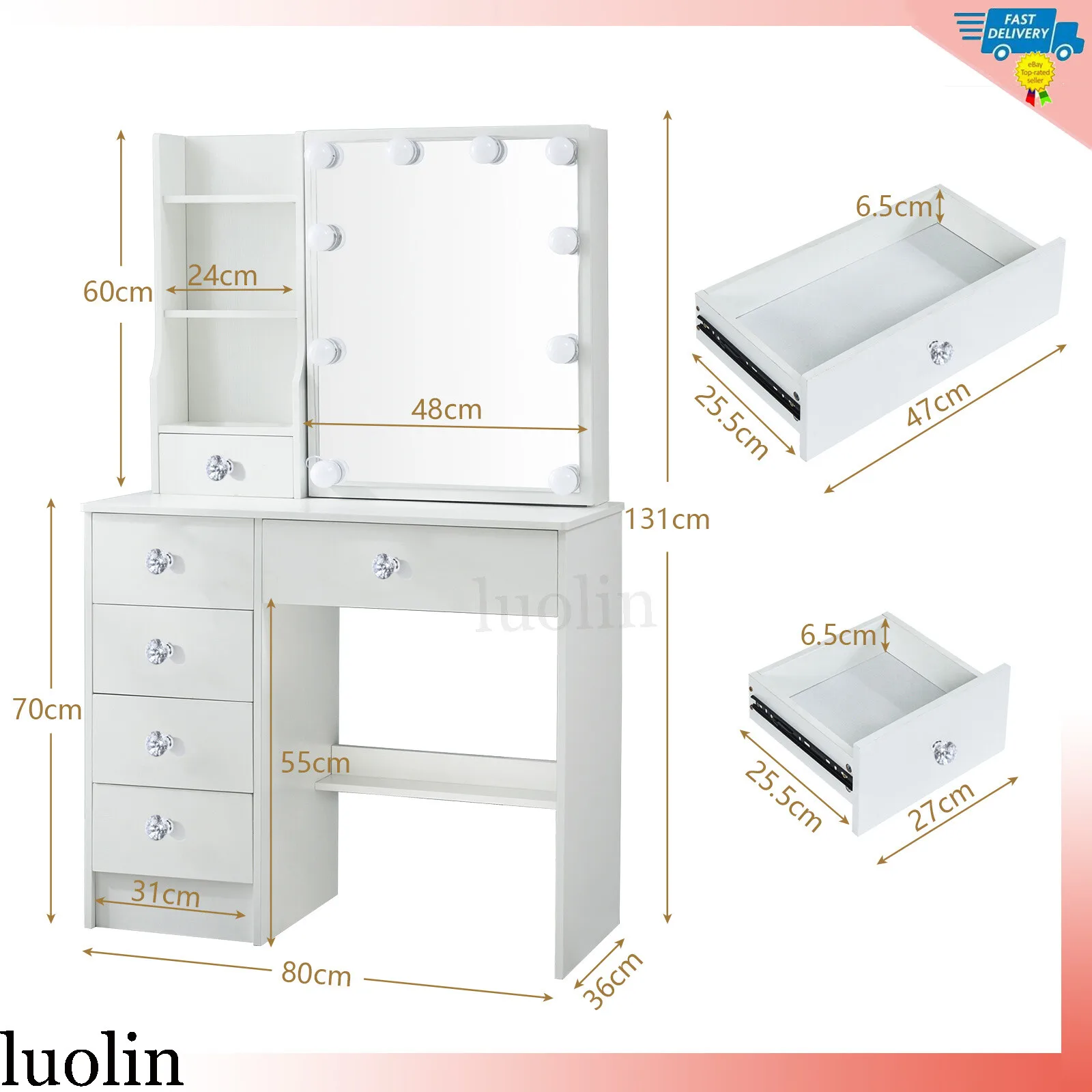 مجموعة أدوات مكتب مكياج ومرآة لطاولة الزينة مع أضواء LED باللون الأبيض