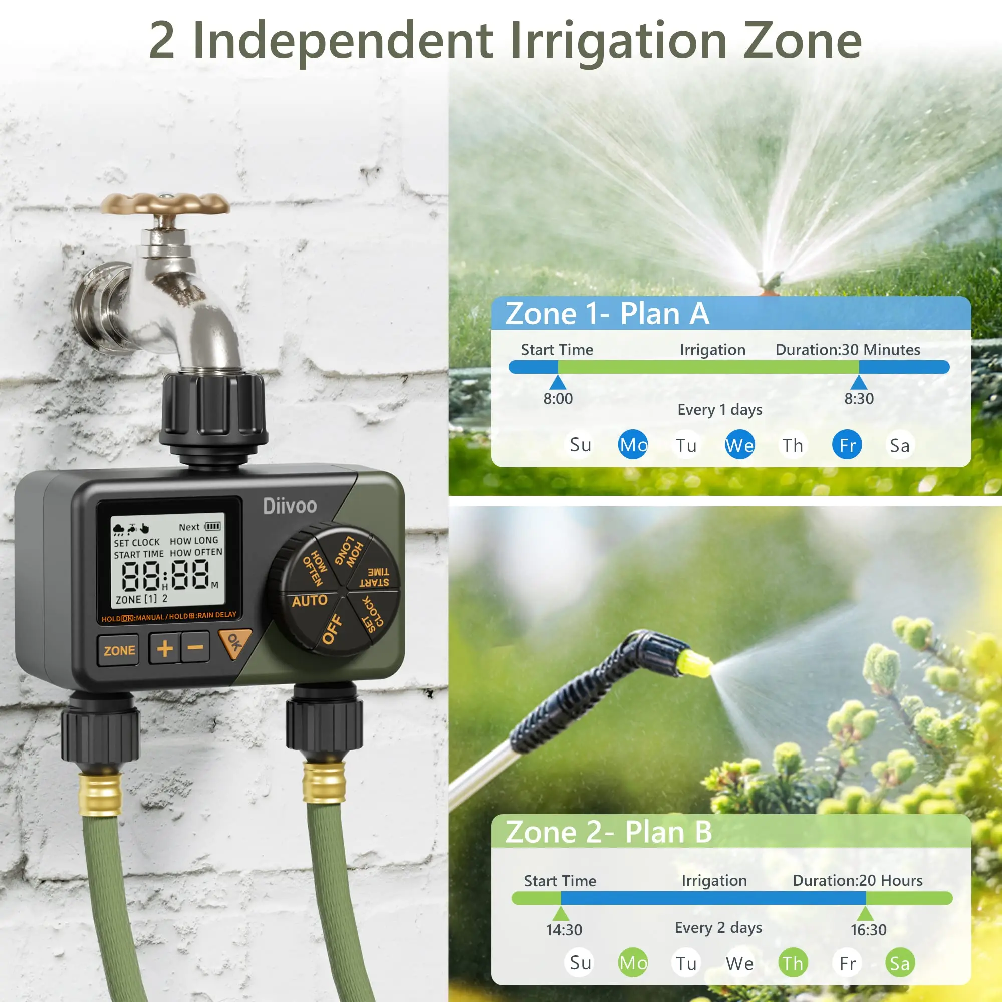 Diiivoo Watering Timer Garden Irrigation Waterproof Controller Automatic Garden Watering System Irrigation Timer 2 Outlet