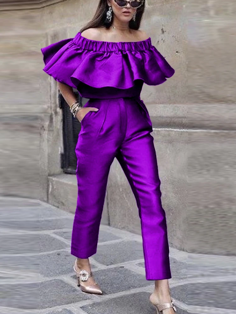 Conjunto de dos piezas púrpura para mujer, Tops cortos con hombros descubiertos, pantalones de cintura alta para Ladeis, trabajo de oficina,