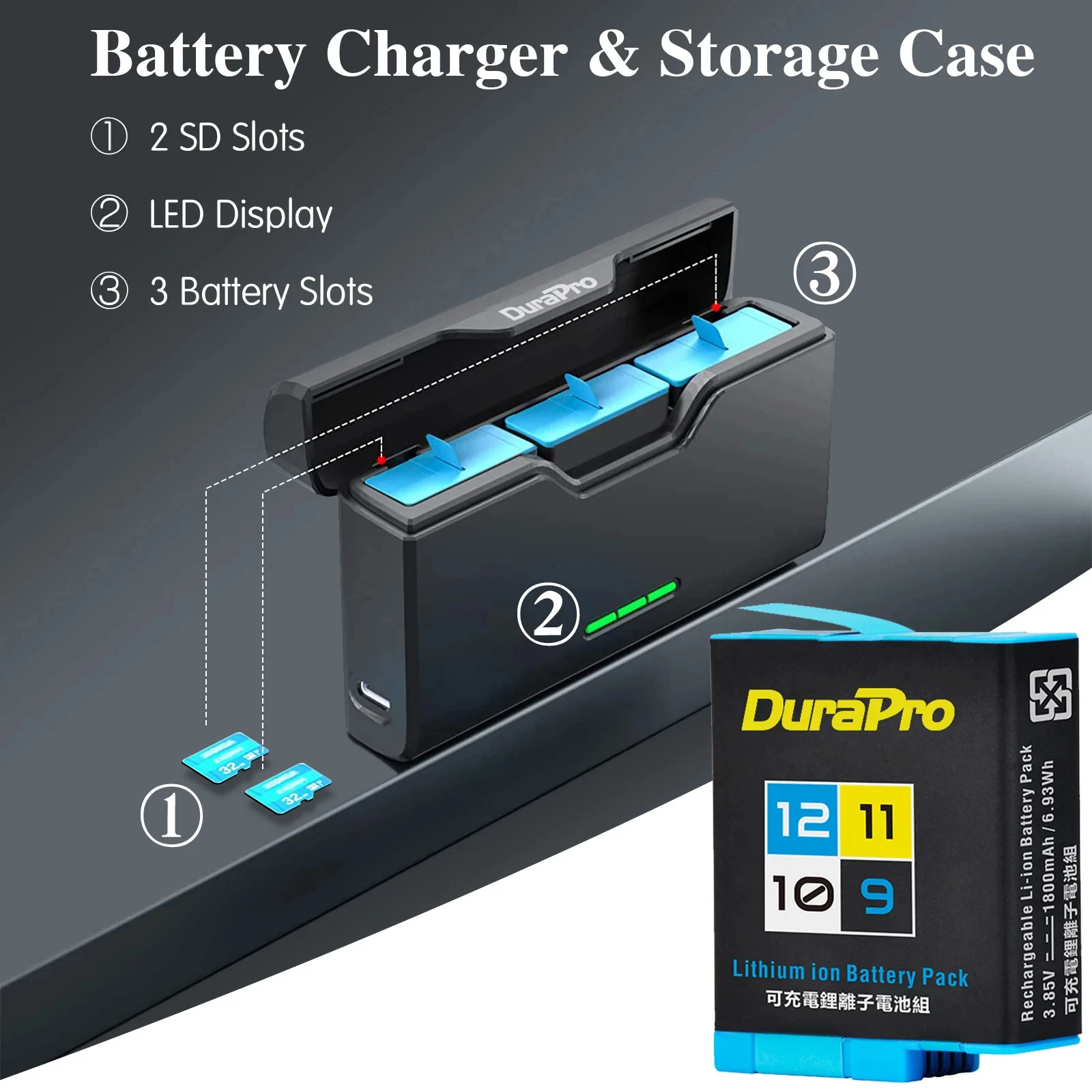 Batería DuraPro para cámara de acción GoPro Hero 12, 11, 10, 9, 1800mAh, caja de carga rápida para baterías recargables Go Pro Hero
