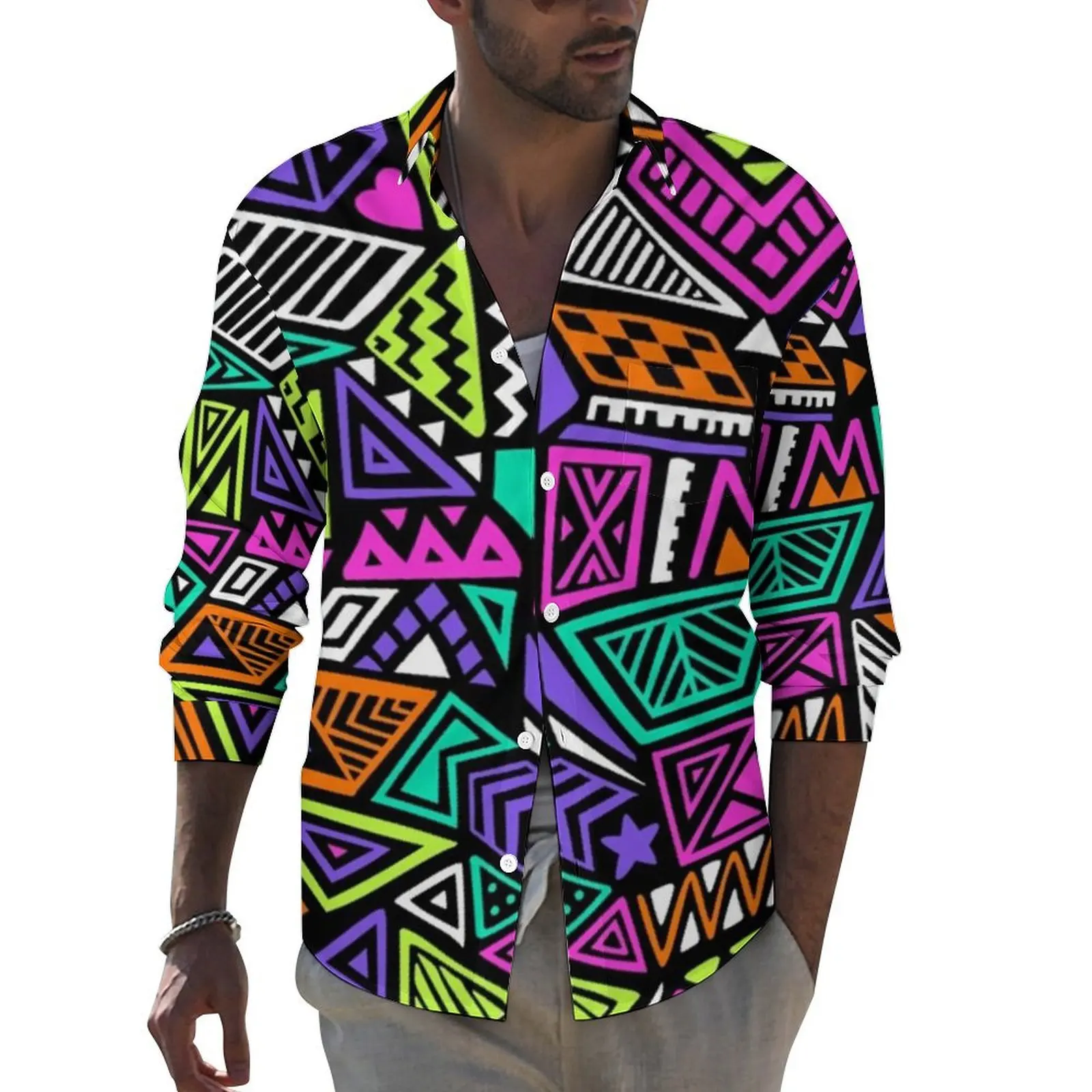 

Colorful Pop Art Shirt Autumn 90s Fashion Casual Shirts Men Fashion Blouses Long Sleeve Design Funny Tops Big Size 3XL 4XL