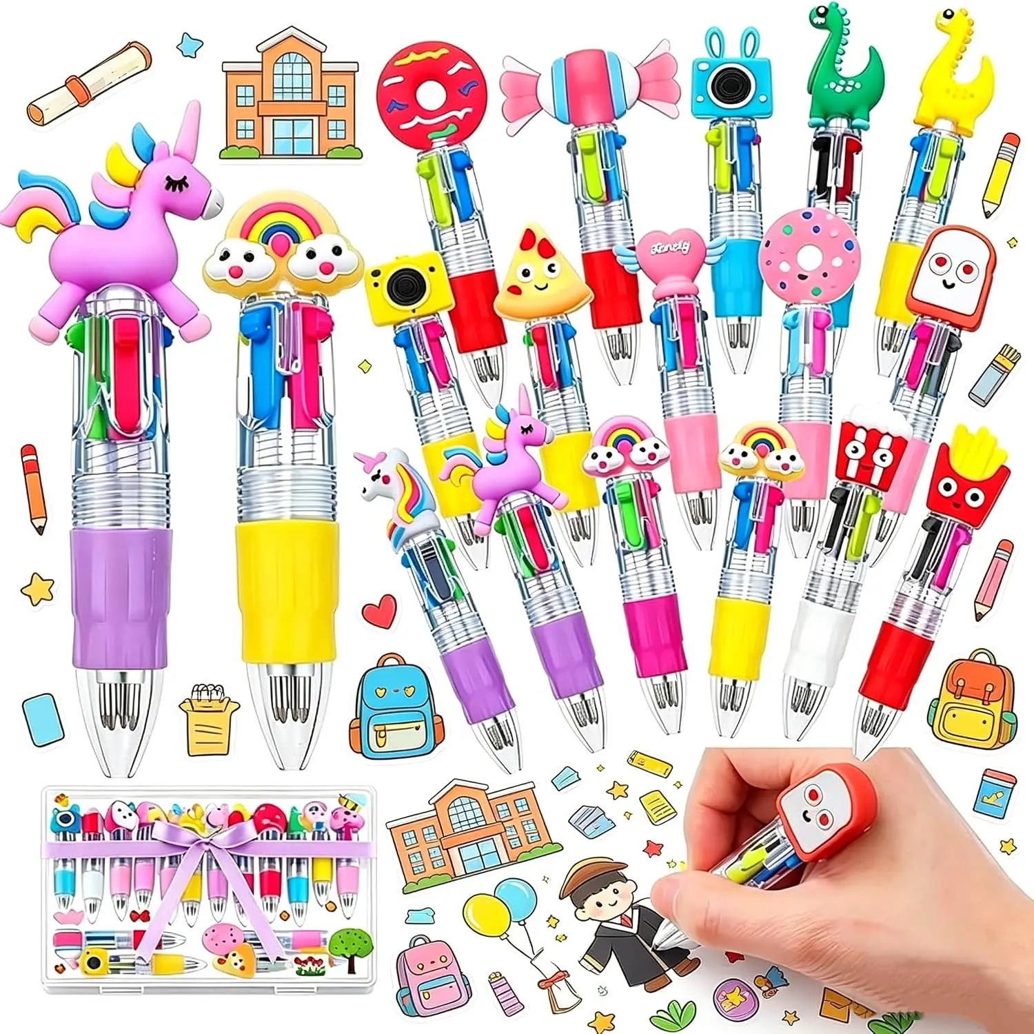 

BESARME 16 Pcs Fun Pens for Kids, Prizes for Kids Classroom Multicolor Pens in One Student Birthday Gifts from Teacher 4-in-1 Cute Pen Bulk for Birthday Party Favors