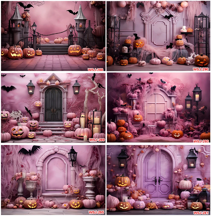 Happy Halloween Backdrops Photographic Spooky Ghost Pumpkin Lantern Backgrounds Bat Party Decoration Purple Pink Banner Props