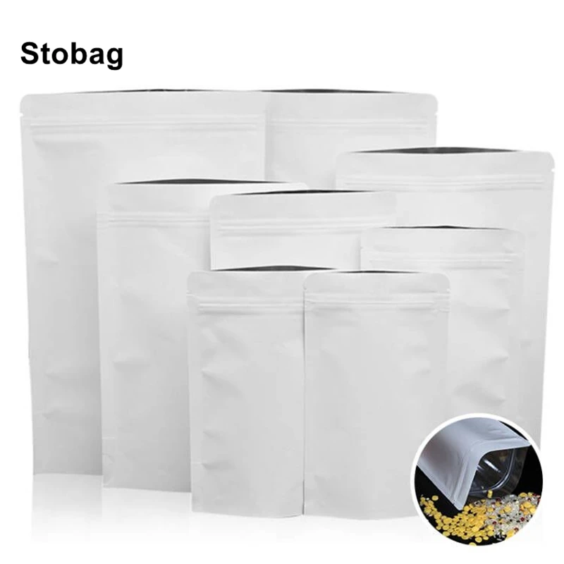 

StoBag 50pcs Kraft Paper Food Packaging Ziplock Bag White Sealed Stand Up for Tea Nuts Candy Dried Fruit Storage Pouches Reseal